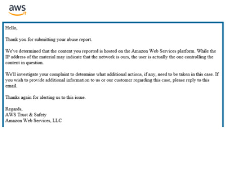 Amazon response to fake site hosted on their servers